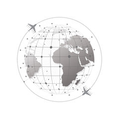 Global network connection with Business plane concept. World map point and line composition. Vector Illustration