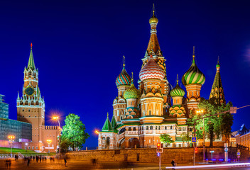 Night view of Saint Basil s Cathedral and Red Square in Moscow, Russia. Architecture and landmark of Moscow. Night cityscape of Moscow