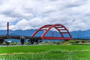 Obraz premium Hualien, Taiwan-August 14, 2018: A train across a m-type Red Bridge on the lush paddy fields, is Taiwan sight in East on August 14 2018 in Hualien, Taiwan