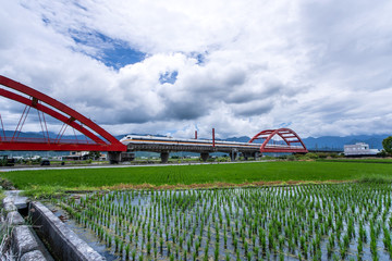 Hualien, Taiwan-August 14, 2018: Beautiful Red Iron Bridge (Kecheng Bridge) And Morning Train Across The Rice Plantation At Yuli