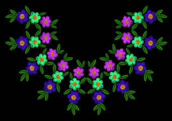 Colorful flower with leaf frame embroidery stitches imitation