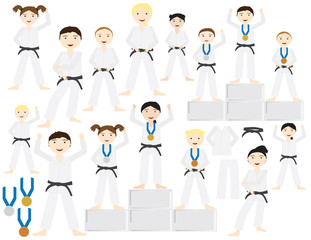 Group of people adults and kids with Judo uniforms and black belt different poses