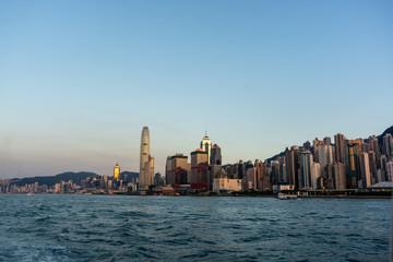 hong kong city skyline at sunset