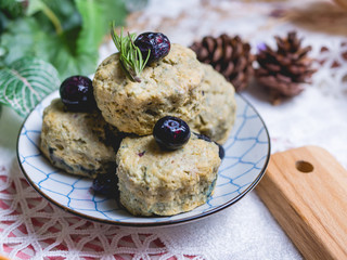 homemade matcha green tea scones set on table.