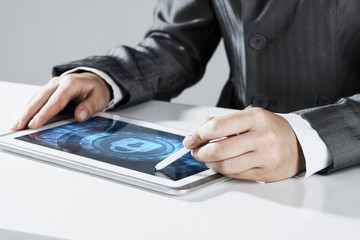 Internet security concept with woman working on media screen wit