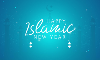 Happy Islamic New Year (Hijri New Year) Vector illustration. Night view with beautiful mosque.