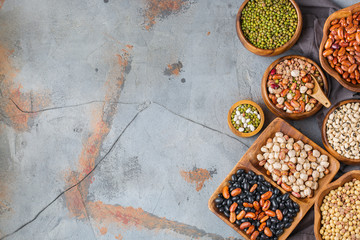 Assortment of vegan protein source food, legumes, lentils, chickpeas, beans