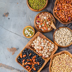 Assortment of vegan protein source food, legumes, lentils, chickpeas, beans