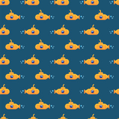 Pattern yellow submarine underwater in sea water. Seamless pattern yellow submarine floating under sea water on blue background.