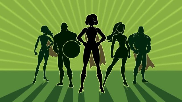 Conceptual animation depicting team of powerful superheroes.