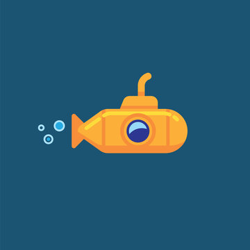 Yellow submarine underwater in sea water. Vector illustration yellow submarine floating under sea water isolated on blue background.
