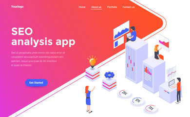 Flat color Modern Isometric Concept Illustration - Seo analysis app