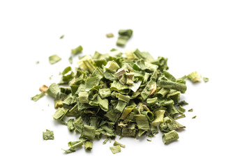 Pile of dried green onion on a white background.