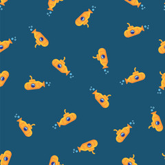 Naklejka na ściany i meble Yellow submarine underwater in sea water pattern background. Seamless pattern yellow submarine floating under sea water on blue background.