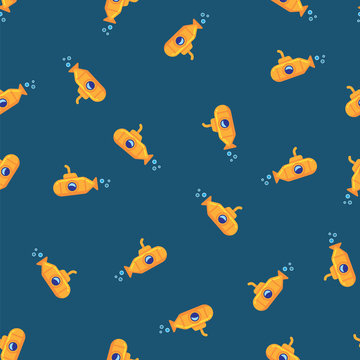 Yellow submarine underwater in sea water pattern background. Seamless pattern yellow submarine floating under sea water on blue background.