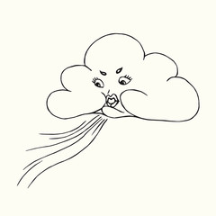 Cloud with funny face blowing wind from it`s lips, hand drawn doodle, sketch isolated vector outline black and white illustration