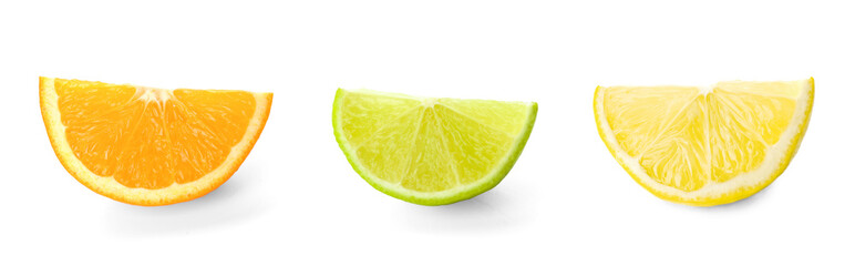 Set with different citrus fruits on white background