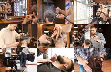 Fototapeta na wymiar Professional barber working with client in hairdressing salon. Set of services