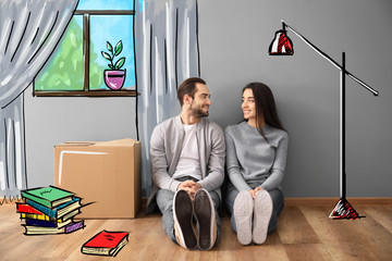 Young couple sitting on floor near box indoors and imagining interior of new house. Moving day