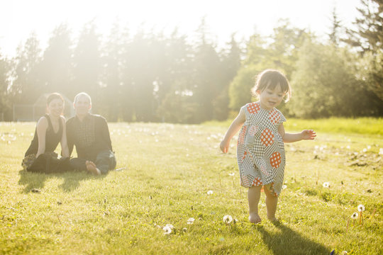 Cute little girl in a dress playing in the grass at sunset with her parents in the background.