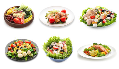 Set of delicious healthy dishes on white background