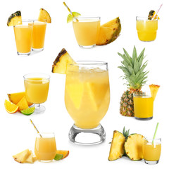 Set of tasty fresh pineapple juice on white background