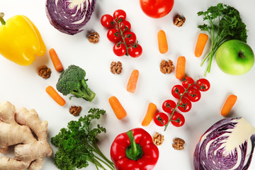 Flat lay composition with diet food on white background