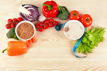 Flat lay composition with diet food on wooden background