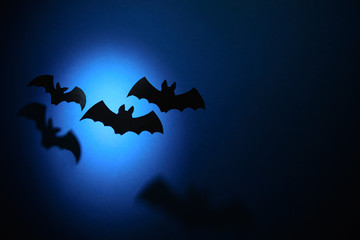 Black paper bats flying on dark blue background. Halloween concept. Paper cut style.