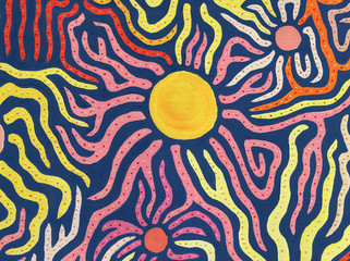 Oil painting texture on canvas. Fantasy stars with magic beams in the night sky.Wide colorful circles with labyrinth of interwoven lanes covered with motley dots on a homogeneous blue background
