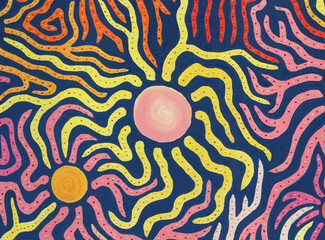 Oil painting texture on canvas. Fantasy stars with magic beams in the night sky.Wide colorful circles with labyrinth of interwoven lanes covered with motley dots on a homogeneous blue background