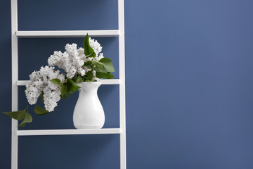 Vase with beautiful blossoming lilac on shelf against color background