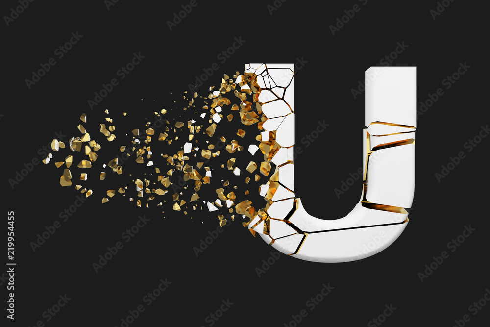 Fototapete broken shattered alphabet letter u uppercase. crushed white and gold font. 3d render isolated on gre