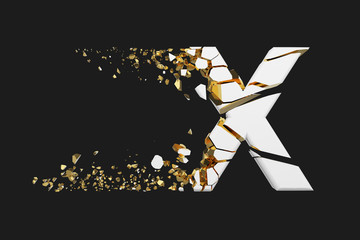 Broken shattered alphabet letter X uppercase. Crushed white and gold font. 3D render isolated on grey background.