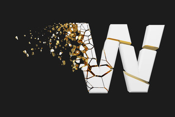 Broken shattered alphabet letter W uppercase. Crushed white and gold font. 3D render isolated on grey background.
