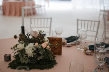 table decor for wedding ceremony, table setting, flowers, green and pink decor, candles