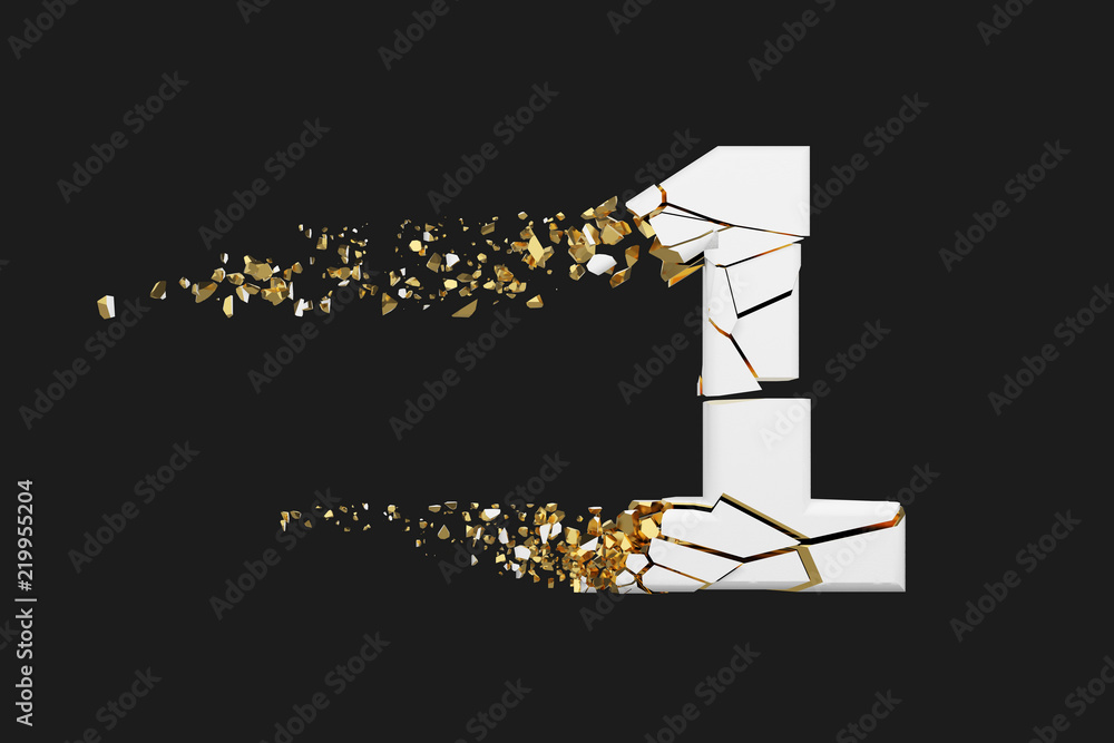 Aufkleber broken shattered alphabet number 1. crushed white and gold font. 3d render isolated on grey backgrou