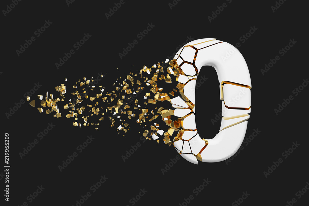 Poster broken shattered alphabet number 0. crushed white and gold font. 3d render isolated on grey backgrou