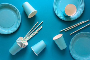 Table setting with paper ware for summer picnic or BBQ. Top view. Flat lay.