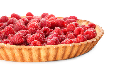 Tasty pie with fresh raspberries on white background