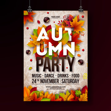 Autumn Party Flyer Illustration with falling leaves and typography design on doodle pattern background. Vector Autumnal Fall Festival Design for Invitation or Holiday Celebration Poster.