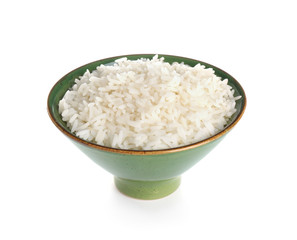 Bowl with freshly cooked rice on white background