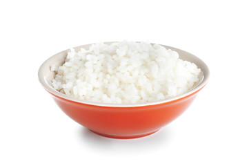 Bowl with freshly cooked rice on white background