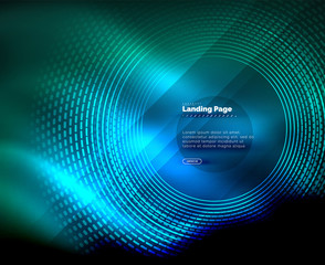 Neon glowing techno lines, hi-tech futuristic abstract background template with circles, landing page template