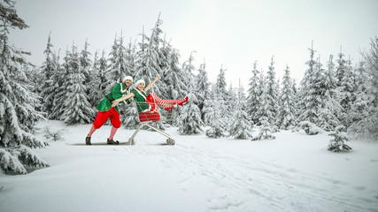 Santa Claus helpers and winter landscape 