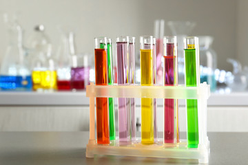 Test tubes with colorful samples in laboratory