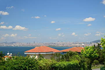 View to the Marmara sea and Istanbul coast from the top of Buyukada (Prince Islands), Turkey. Sea Cityscape. Red roofs of houses in the front