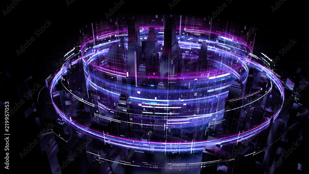 Aufkleber 3d render abstract city background with bright digital patterns. complex detailed technology concept