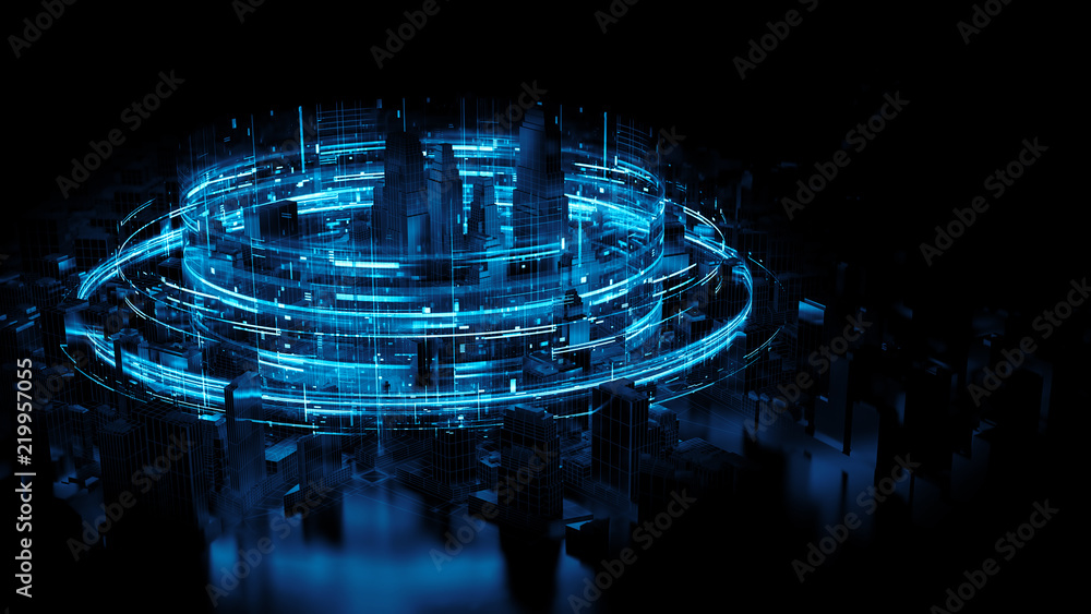Poster 3d render abstract city background with bright digital patterns. complex detailed technology concept