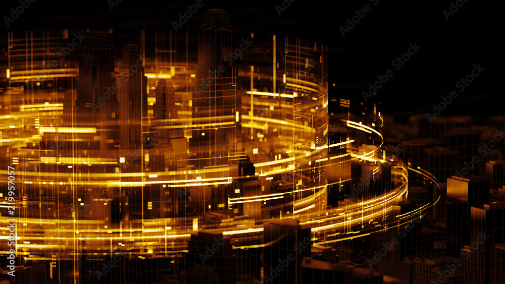 Poster 3d render abstract city background with bright digital patterns. complex detailed technology concept